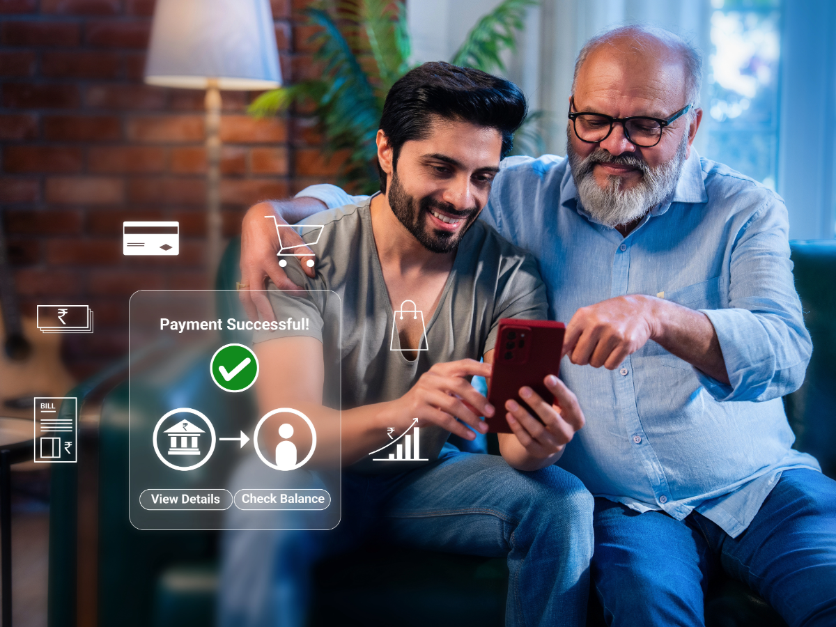 Father and son making digital payment with phone