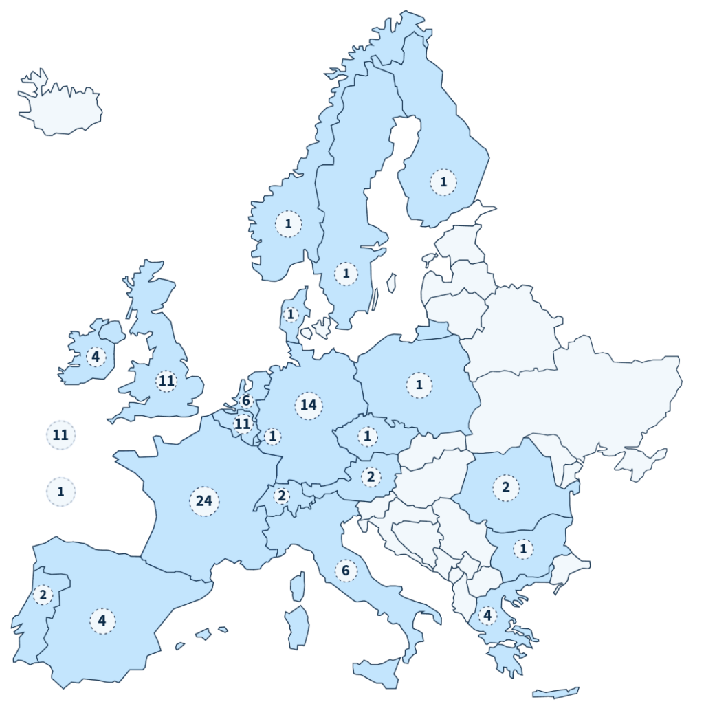 Europe map highlighting country regions with blue shading and circular count markers indicating regional totals.
