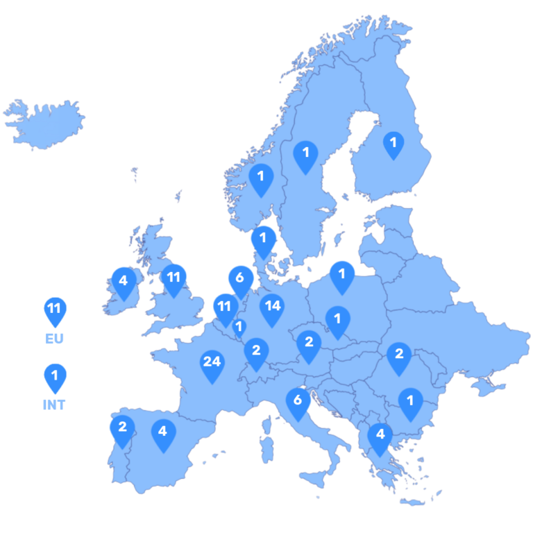 Europe map with blue pin markers and numbers showing counts by country in each region.**