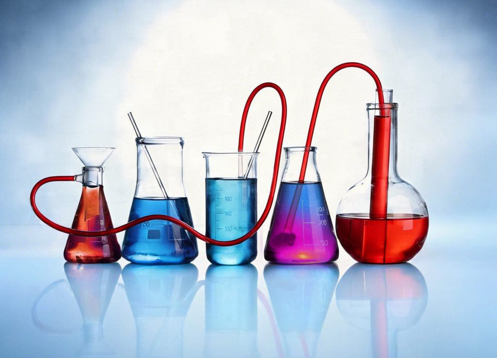 Row of glass beakers with red tubing connecting them, containing blue, purple, and red liquids in a chemistry setup (lab scene)