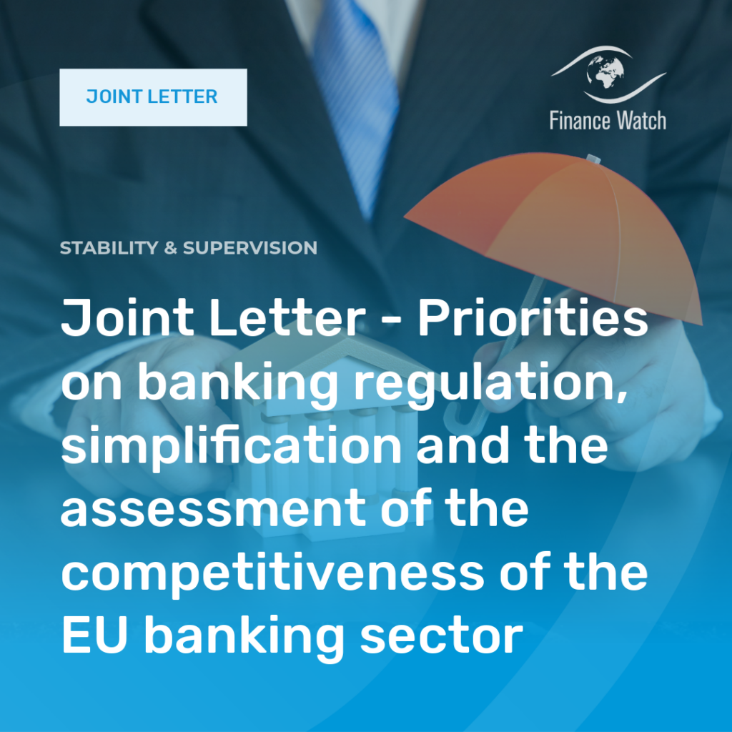Cover image for a Finance Watch joint letter: a businessman in a suit with an orange umbrella, large white text about banking regulation priorities.