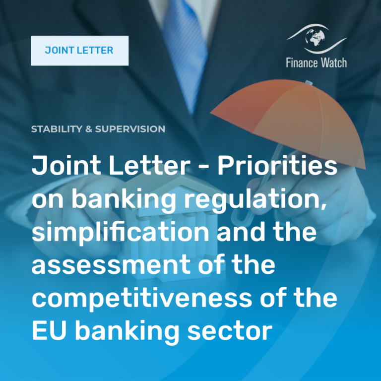 Cover image for a Finance Watch joint letter: a businessman in a suit with an orange umbrella, large white text about banking regulation priorities.